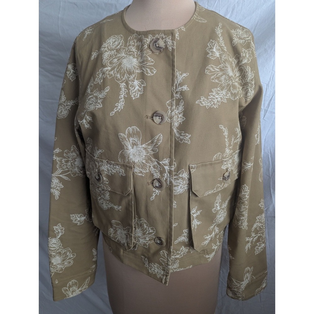 Tan Floral Print Jacket Cropped Button Front Sz S Neutral Lightweight Utility